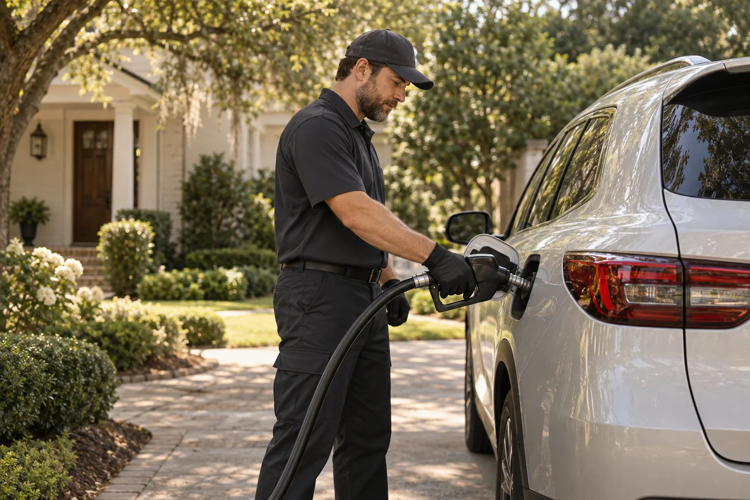 Illustration of a uniformed fuel attendant refueling a car in a residential driveway